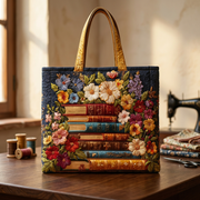 Quilted bag with a floral print and books